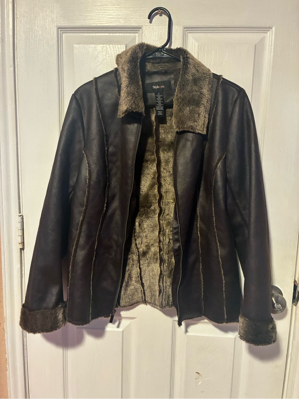 Style & Co. Dark Brown Faux-Leather Jacket with Faux-Shearling Trim